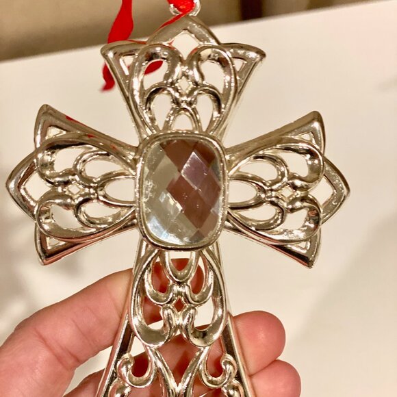Lenox Silver Cross Christmas Ornament 4.5" x‎ 3.5" with Red Ribbon - Picture 4 of 5